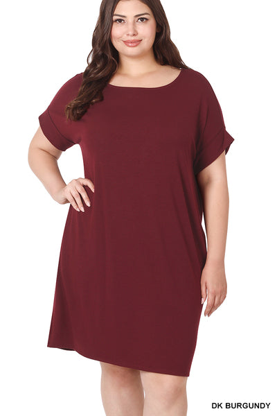 Plus Rolled Short Sleeve Round Neck Dress