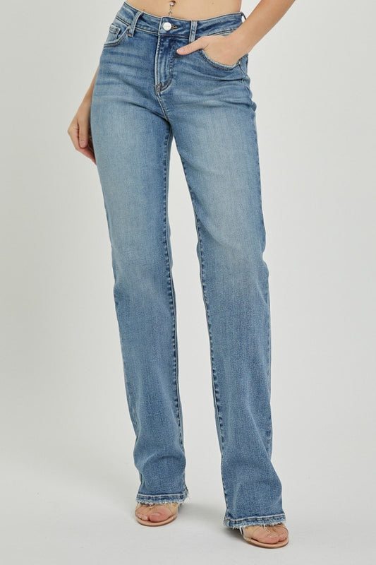 Risen Mid Rise Long Straight Jeans