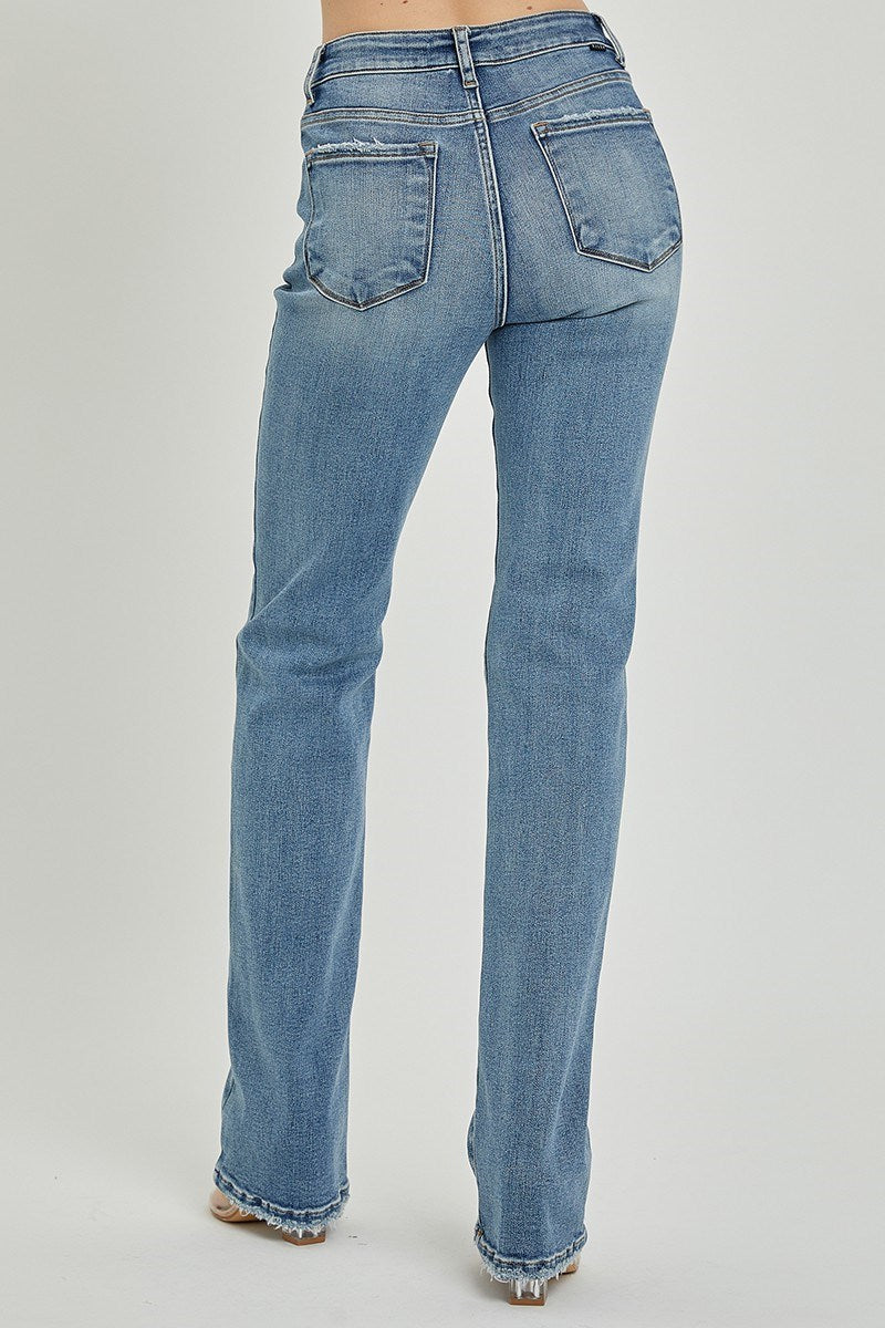 Risen Mid Rise Long Straight Jeans