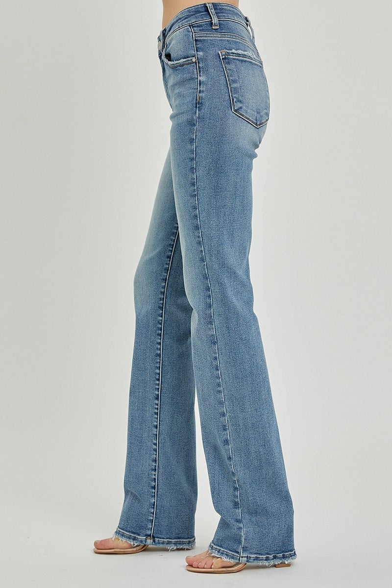 Risen Mid Rise Long Straight Jeans