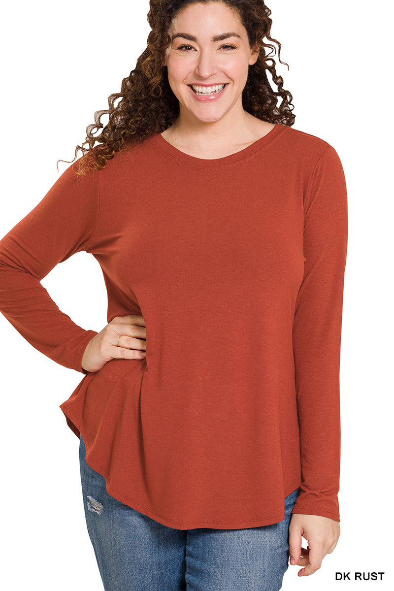 Plus Long Sleeve Round Neck Round Hem Top