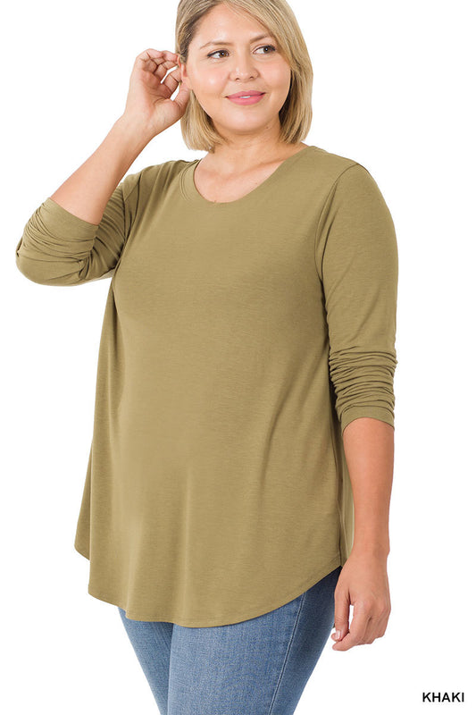 Plus Long Sleeve Round Neck Round Hem Top