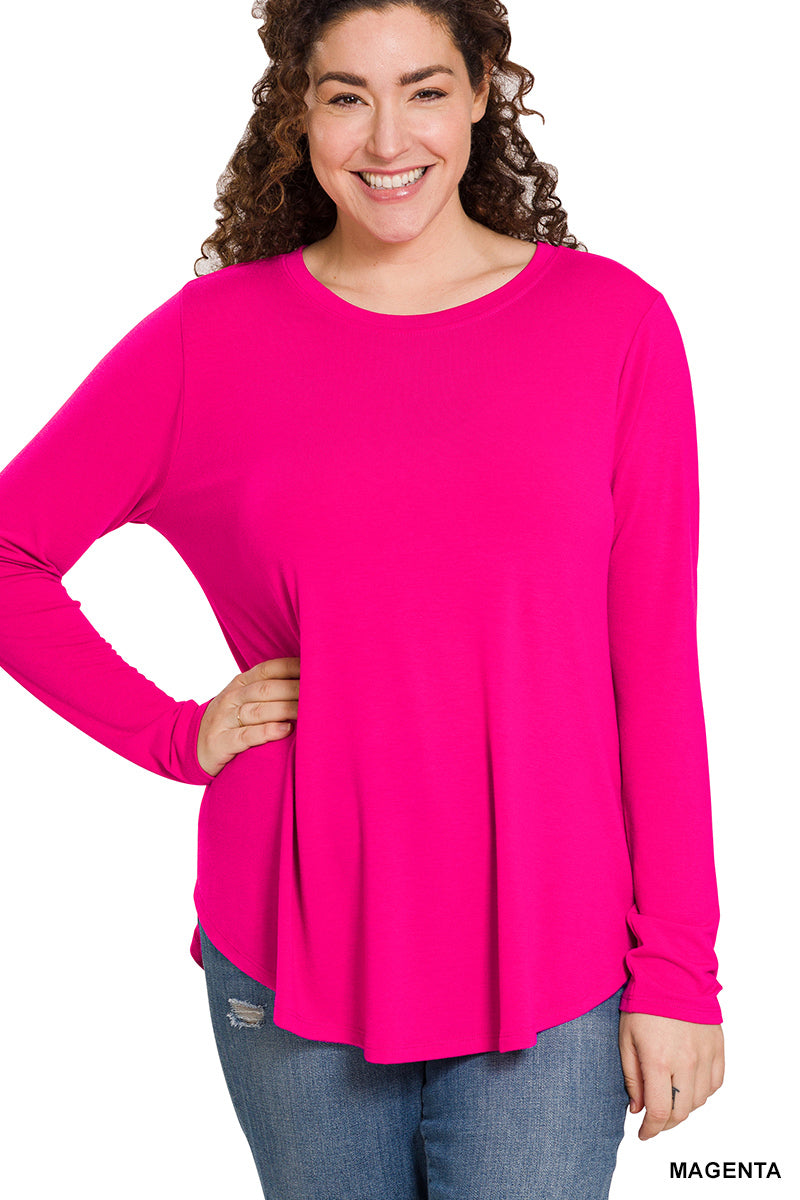 Plus Long Sleeve Round Neck Round Hem Top