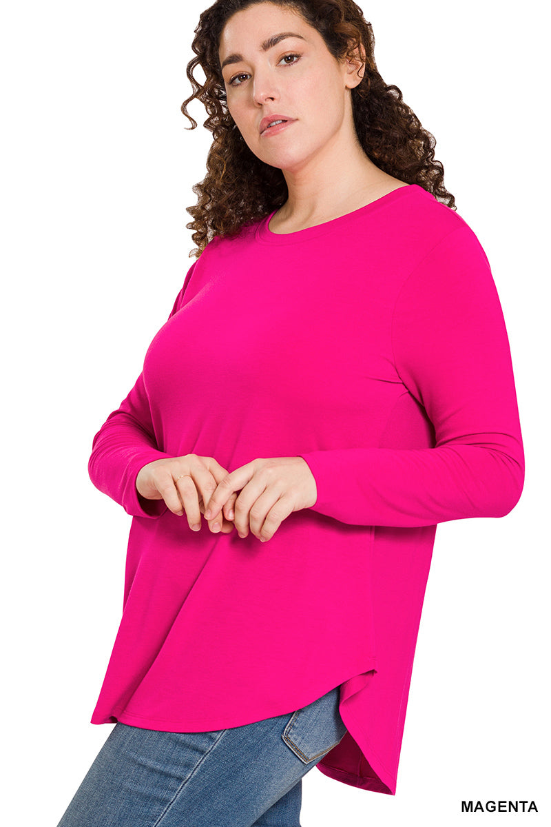 Plus Long Sleeve Round Neck Round Hem Top