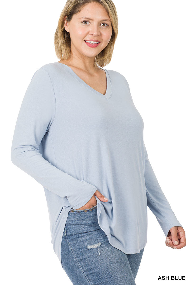 Plus Long Sleeve V-Neck Round Hem Top