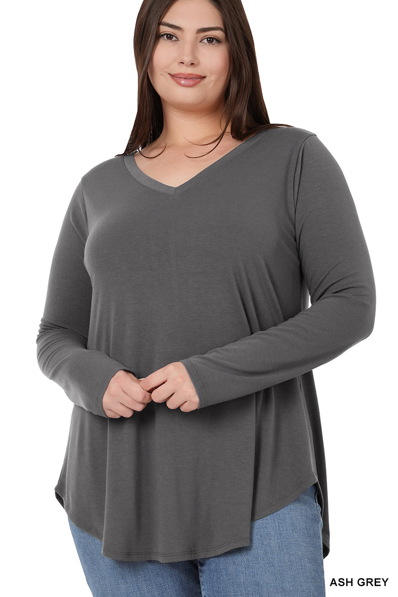 Plus Long Sleeve V-Neck Round Hem Top