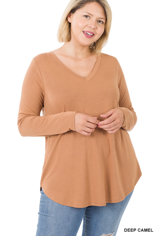 Plus Long Sleeve V-Neck Round Hem Top