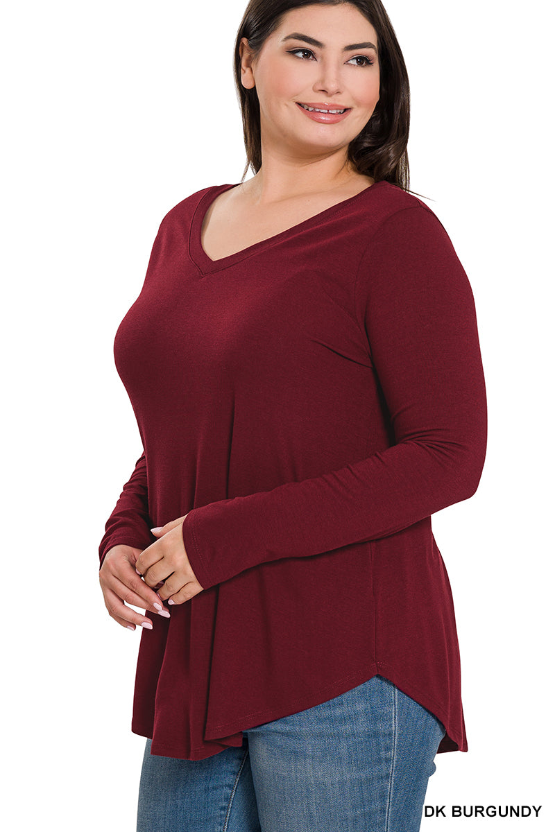 Plus Long Sleeve V-Neck Round Hem Top