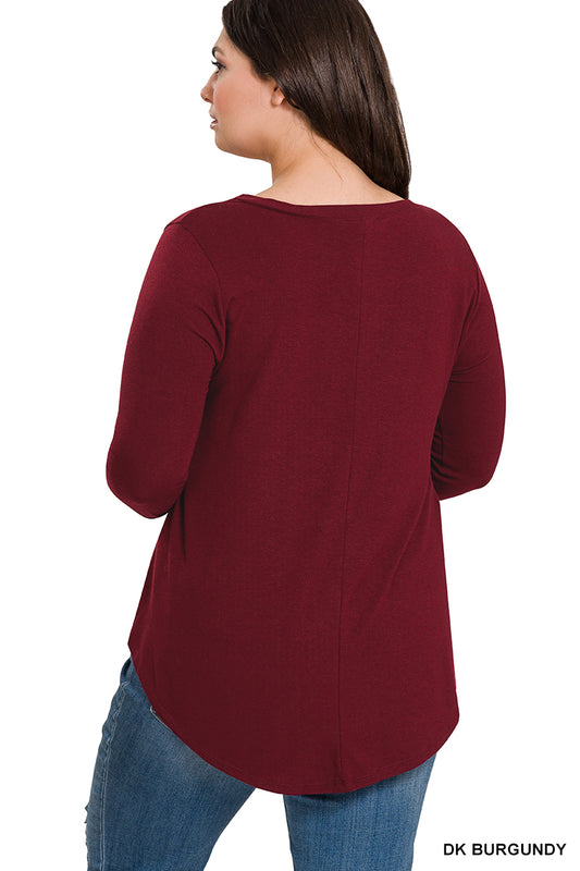 Plus Long Sleeve V-Neck Round Hem Top