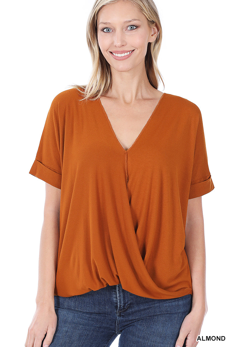 Rayon Span Crepe Layered-Look Draped Front Top