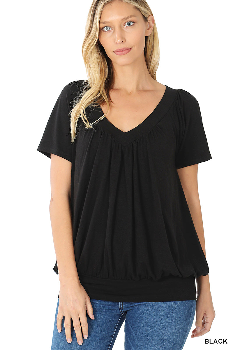 V-Neck Short Sleeve Shirring Top