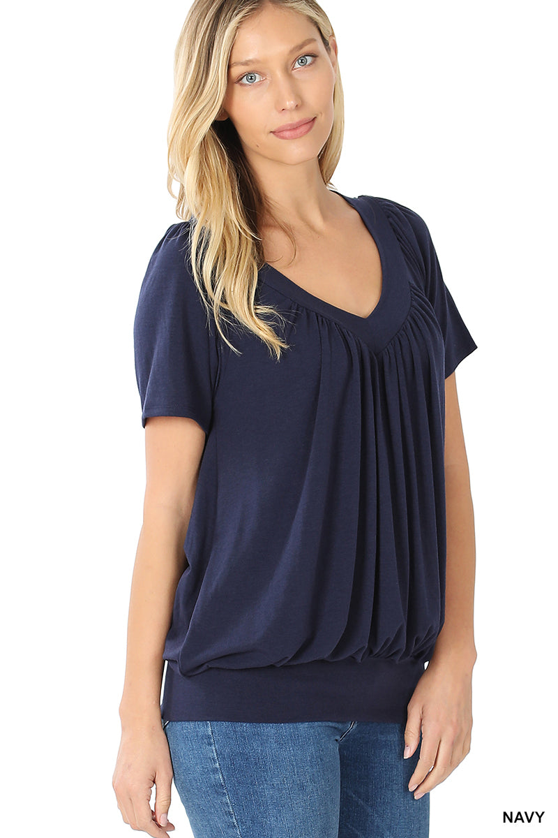 V-Neck Short Sleeve Shirring Top