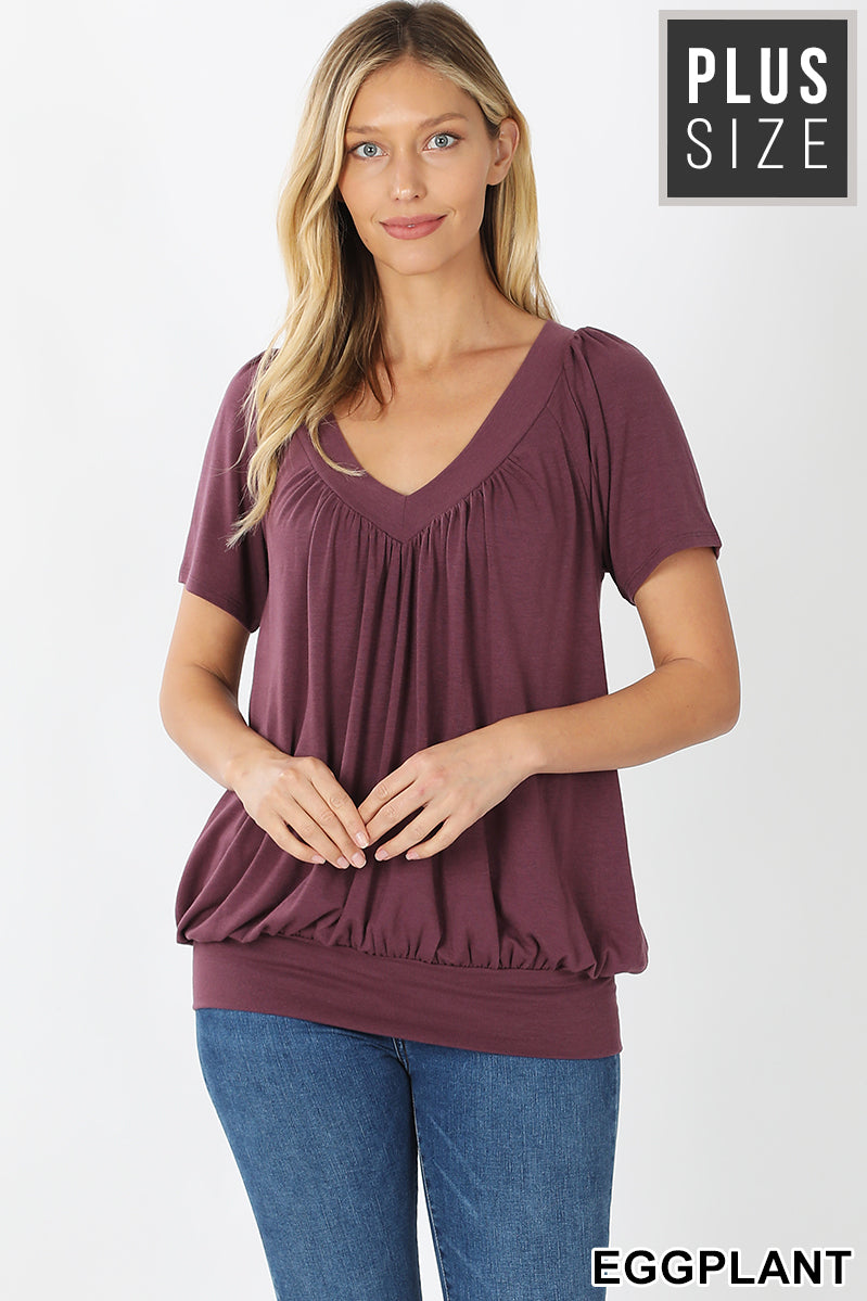 Plus V-Neck Short Sleeve Shirring Top