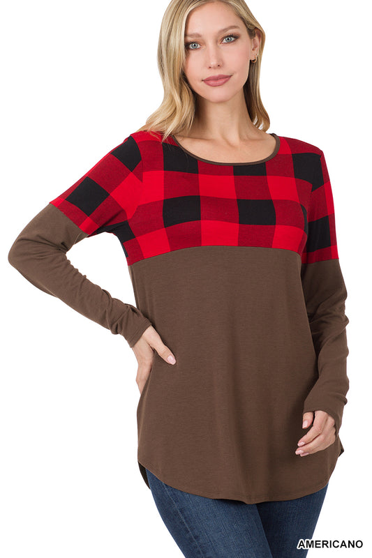 Plaid Color Block Long Sleeve Top