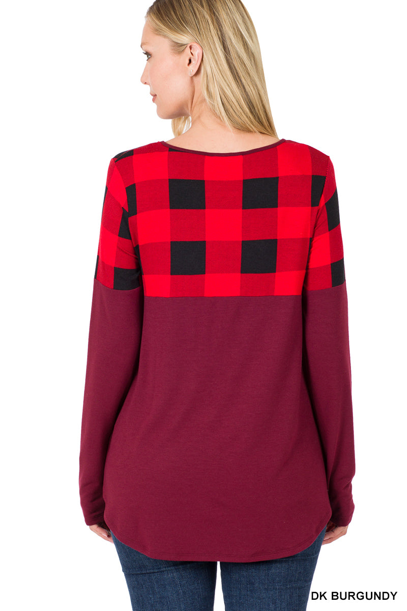 Plaid Color Block Long Sleeve Top