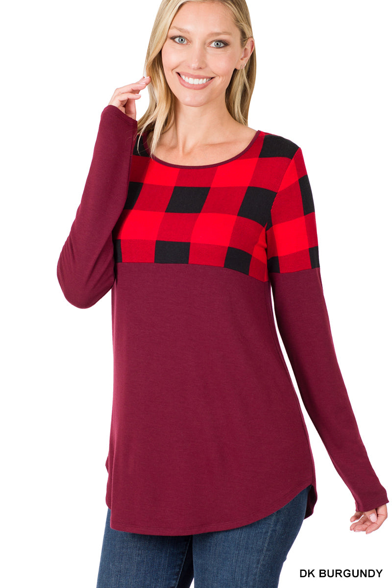 Plaid Color Block Long Sleeve Top