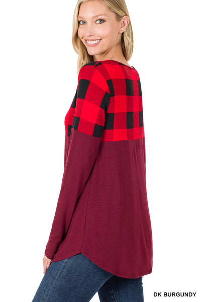 Plaid Color Block Long Sleeve Top