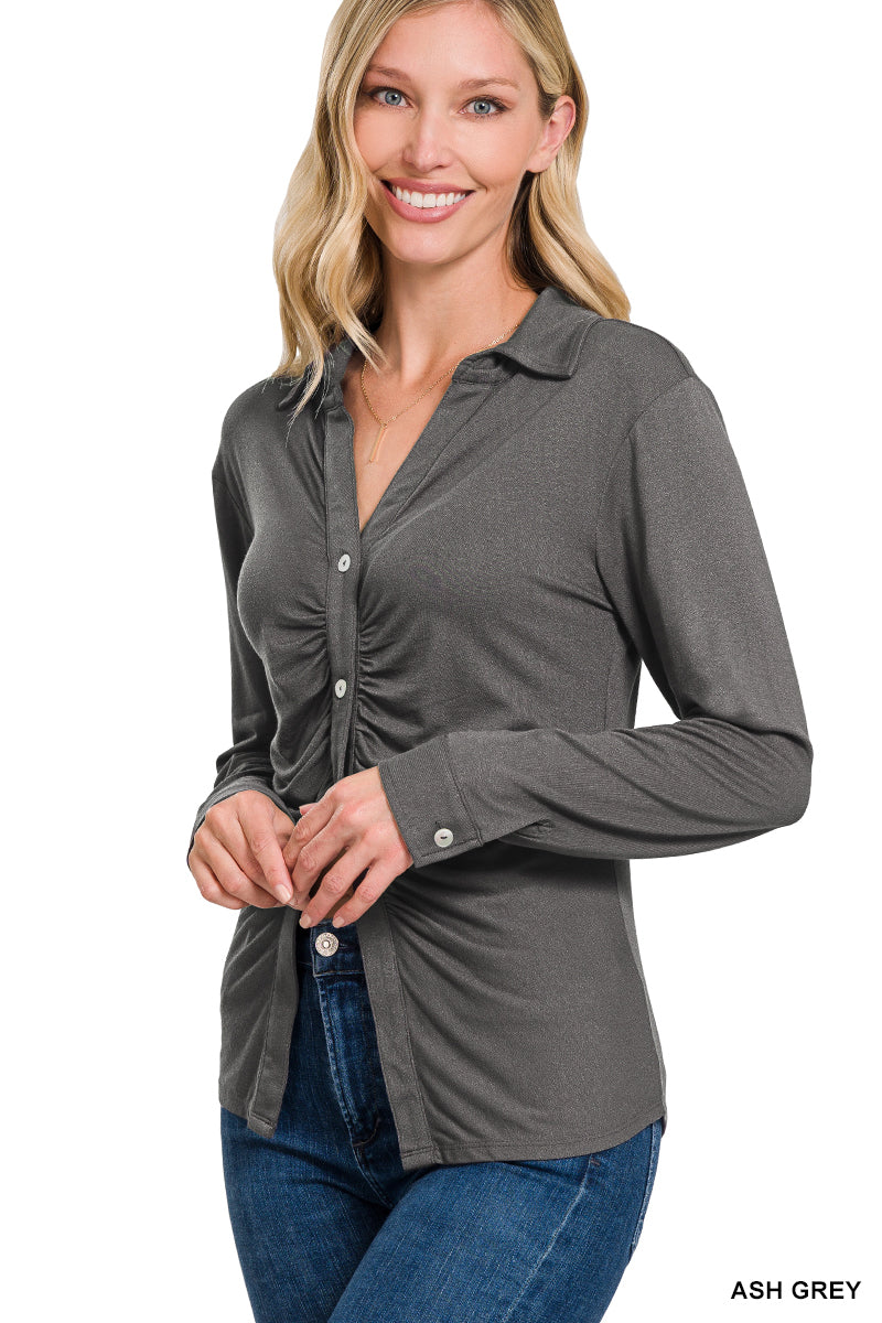 Stretchy Button Down Shirt with Ruched Detail