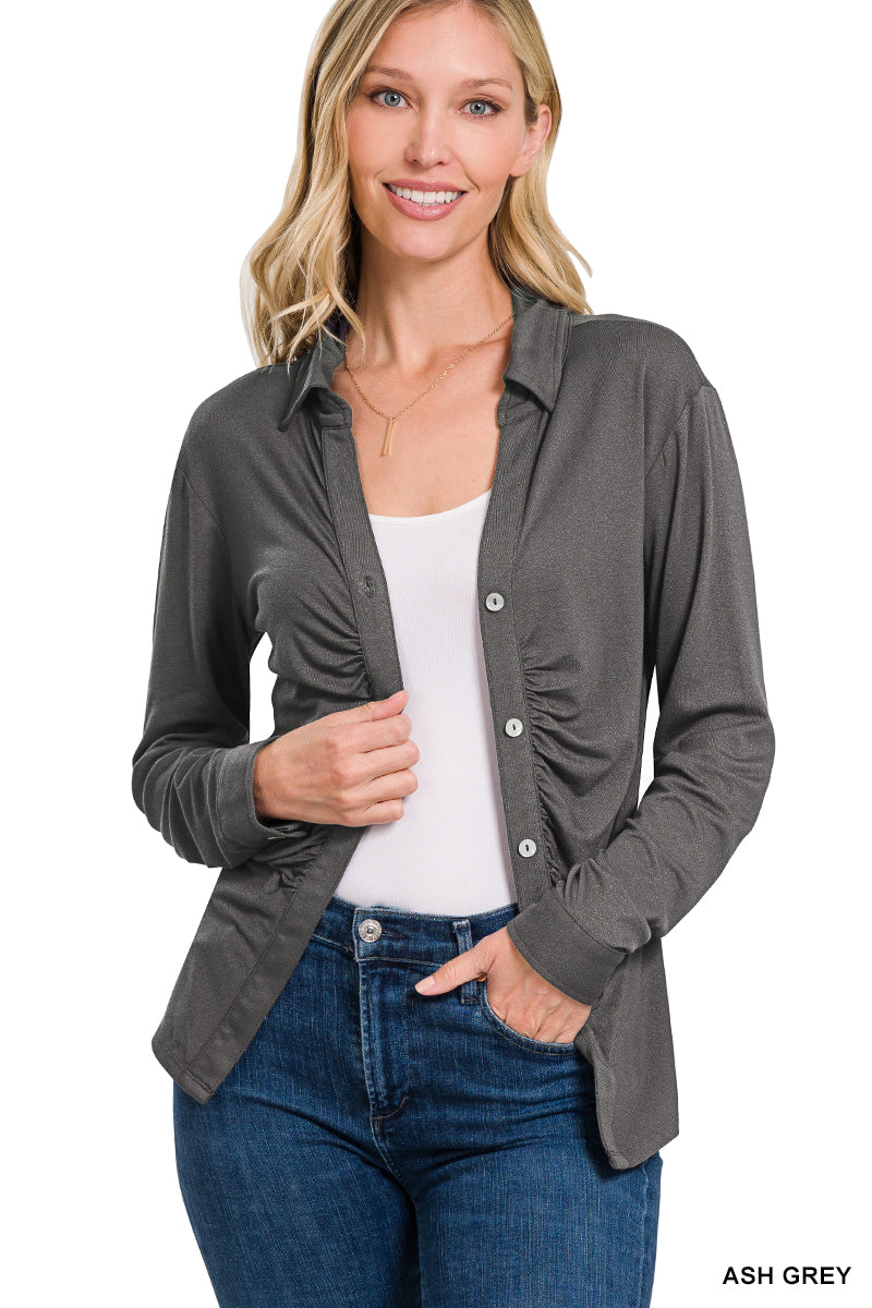 Stretchy Button Down Shirt with Ruched Detail