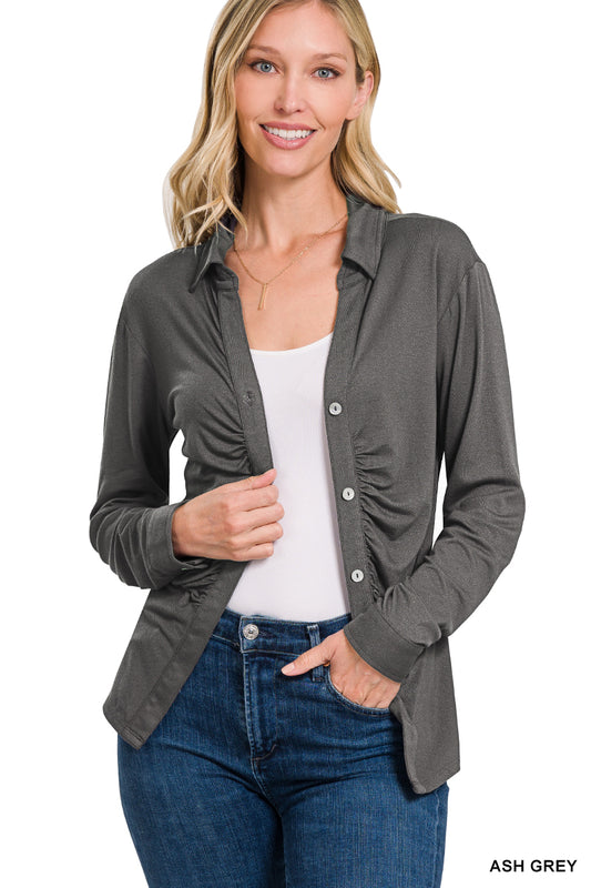 Stretchy Button Down Shirt with Ruched Detail