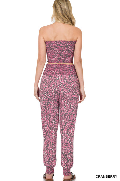 Leopard Smocked Tube Top & Lounge Jogger Pants