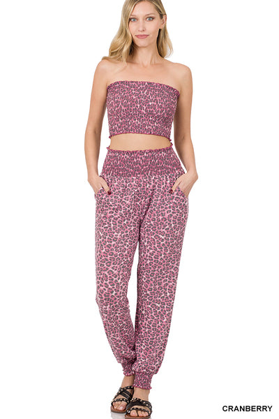 Leopard Smocked Tube Top & Lounge Jogger Pants