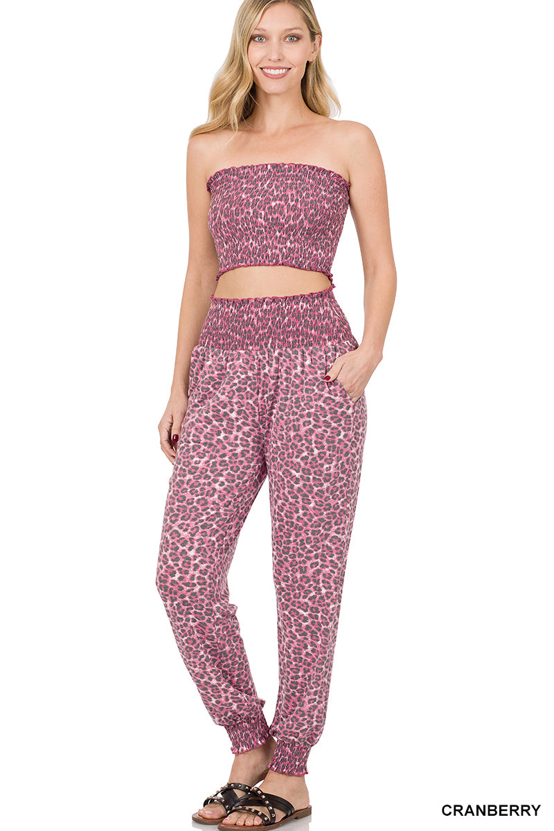 Leopard Smocked Tube Top & Lounge Jogger Pants