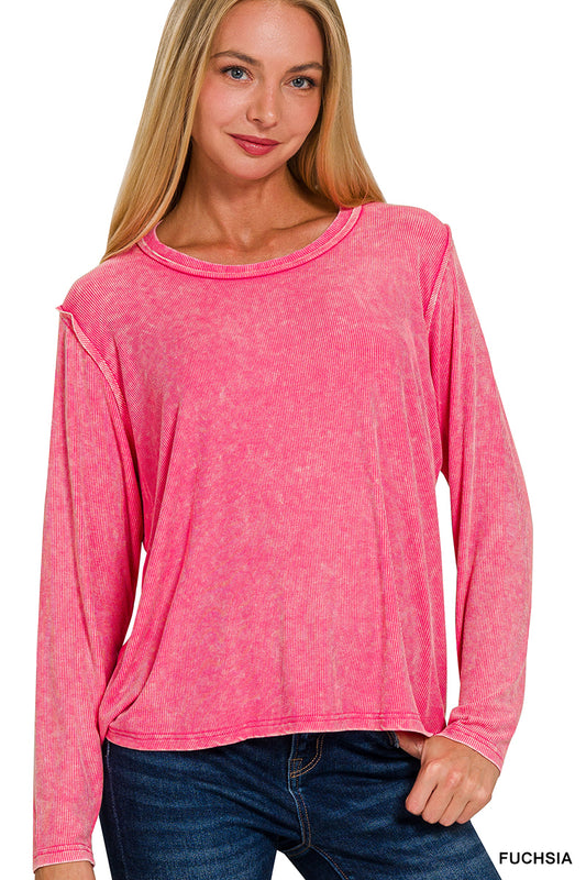 Washed Ribbed Scoop Neck Long Sleeve Top