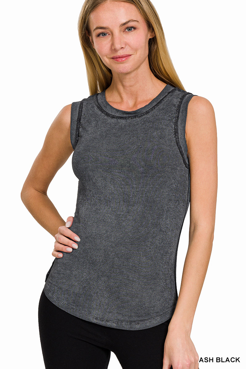 Washed Ribbed Scoop Neck Tank Top