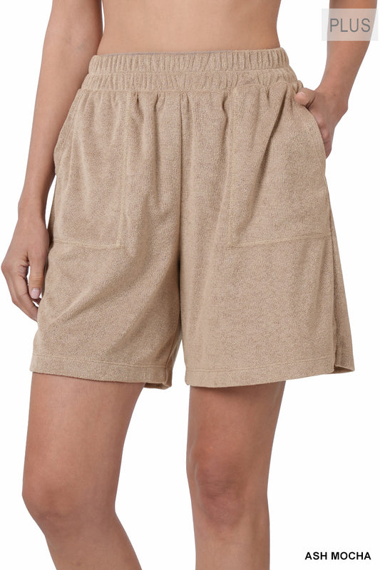 Plus Loop Terry Elastic Waist Shorts with Pockets