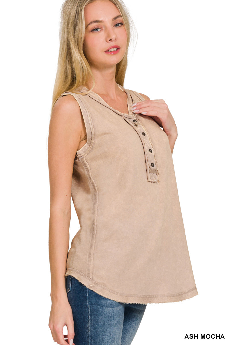 Washed Half-Button Raw Edge Sleeveless Henley Top