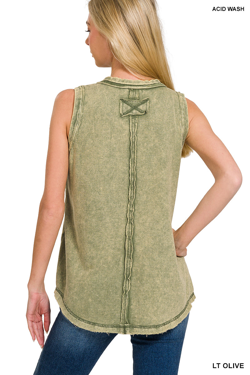 Washed Half-Button Raw Edge Sleeveless Henley Top