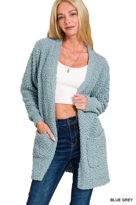 Long Sleeve Popcorn Sweater Cardigan with Pockets