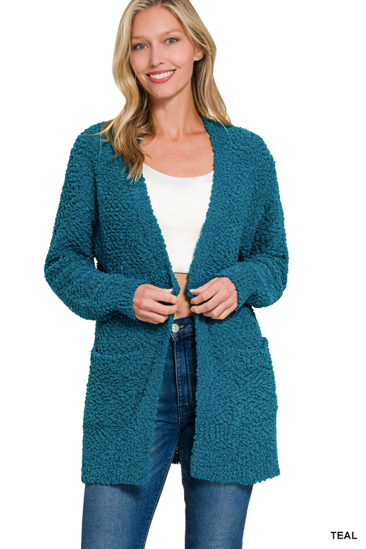 Long Sleeve Popcorn Sweater Cardigan with Pockets