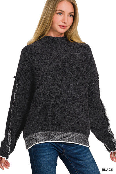 Oversized Mock Neck Raw Seam Chenille Sweater