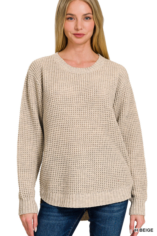 Hi-Low Long Sleeve Round Neck Waffle Sweater