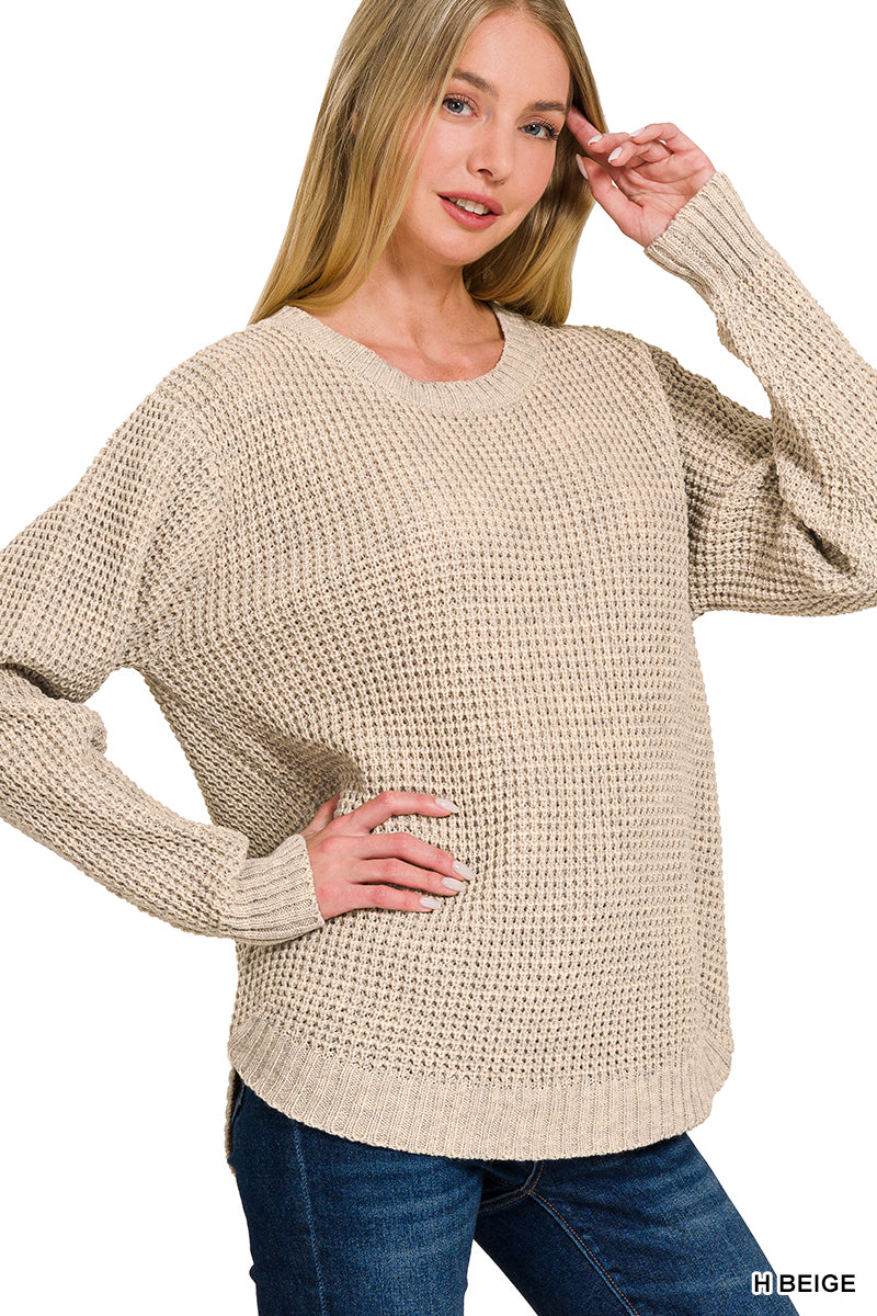 Hi-Low Long Sleeve Round Neck Waffle Sweater