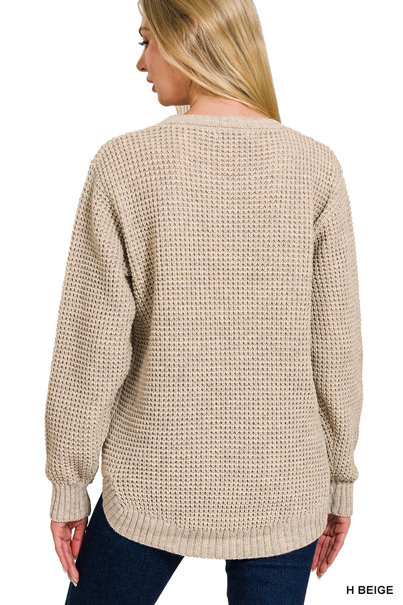 Hi-Low Long Sleeve Round Neck Waffle Sweater