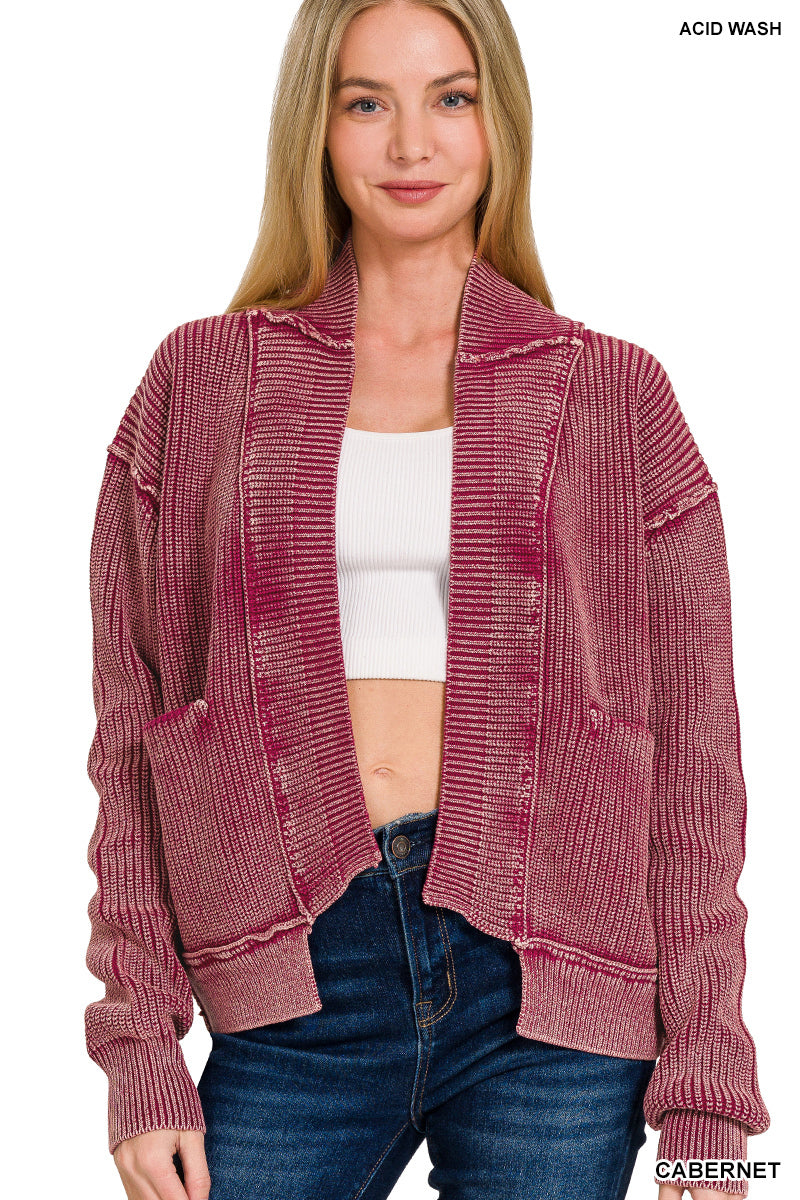 Washed Dropped Shoulder Cardigan with Side Pockets