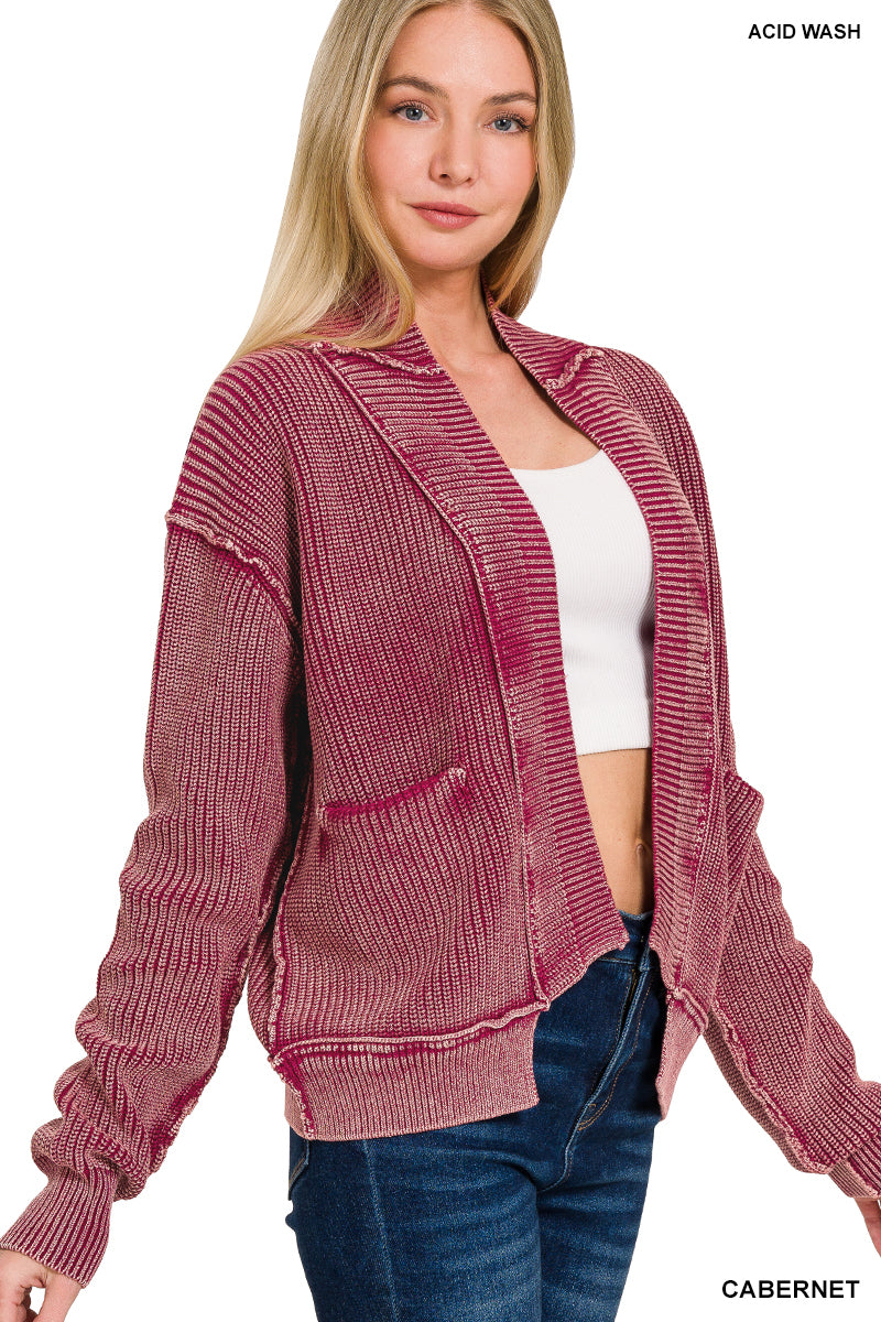 Washed Dropped Shoulder Cardigan with Side Pockets