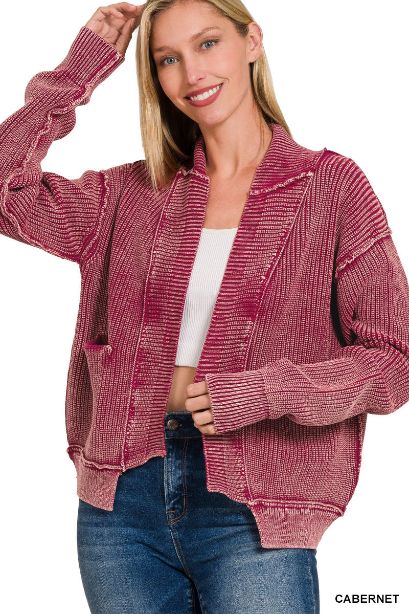 Washed Dropped Shoulder Cardigan with Side Pockets