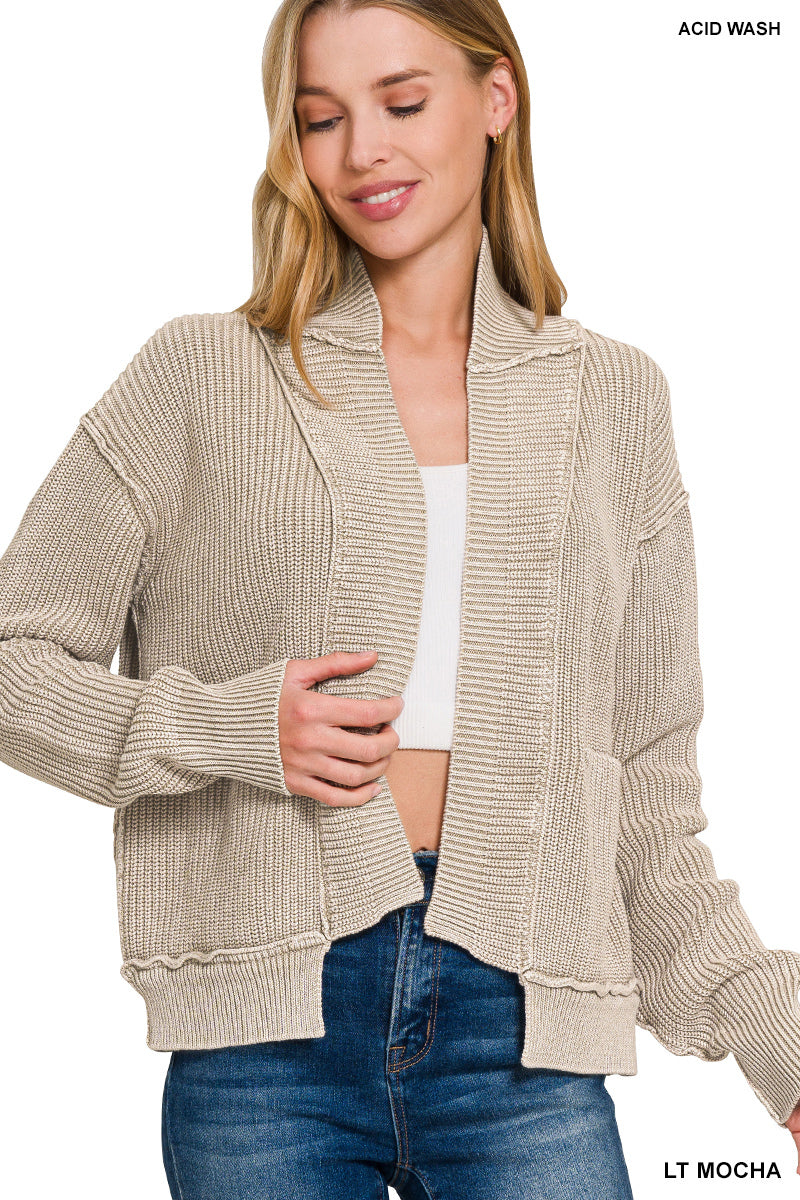 Washed Dropped Shoulder Cardigan with Side Pockets