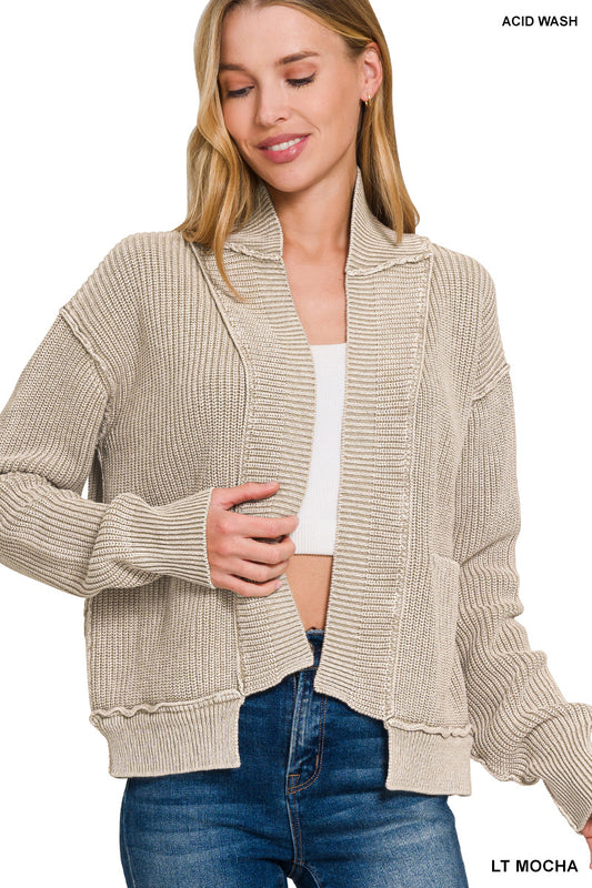 Washed Dropped Shoulder Cardigan with Side Pockets