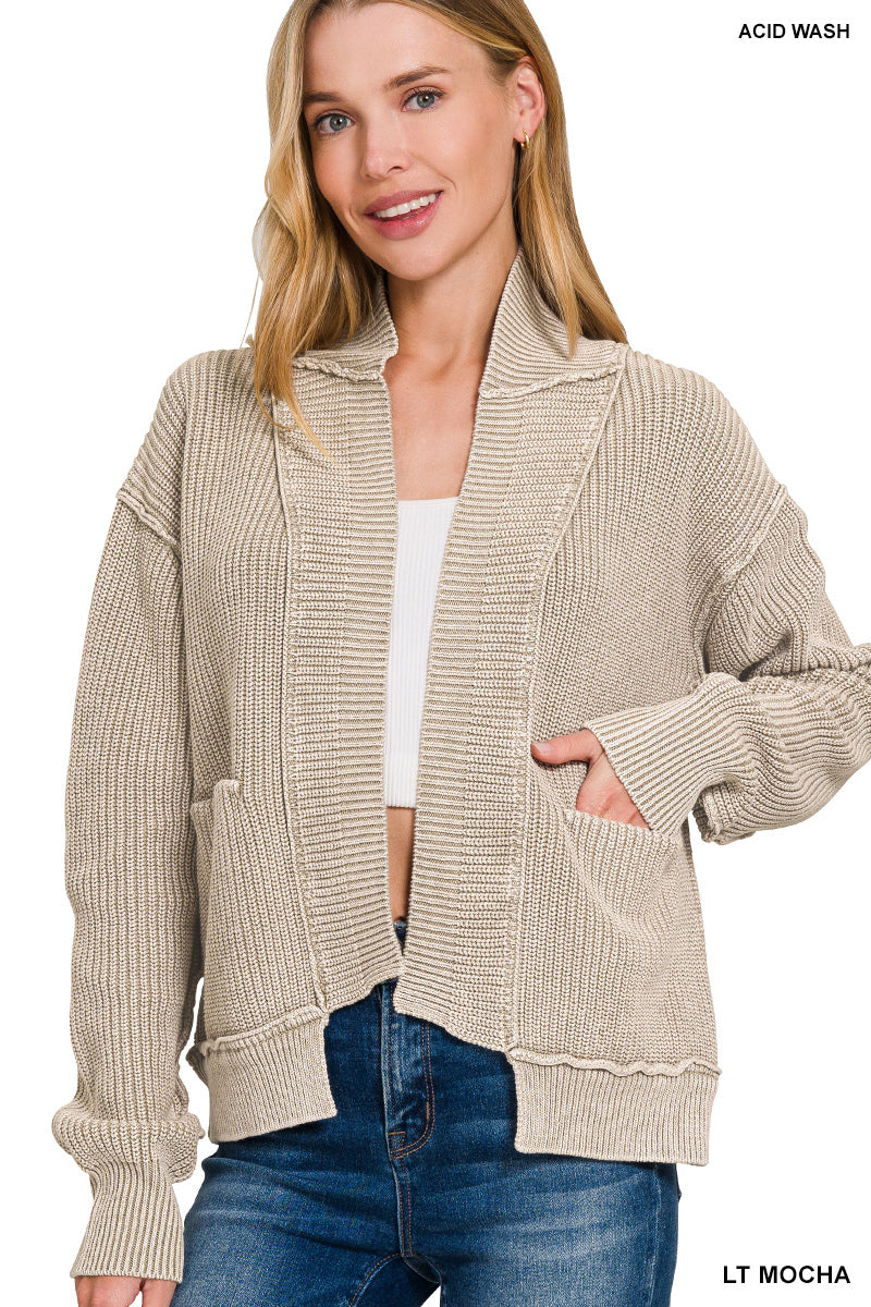 Washed Dropped Shoulder Cardigan with Side Pockets