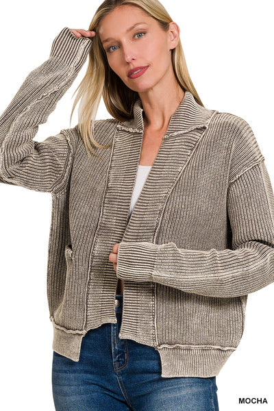 Washed Dropped Shoulder Cardigan with Side Pockets