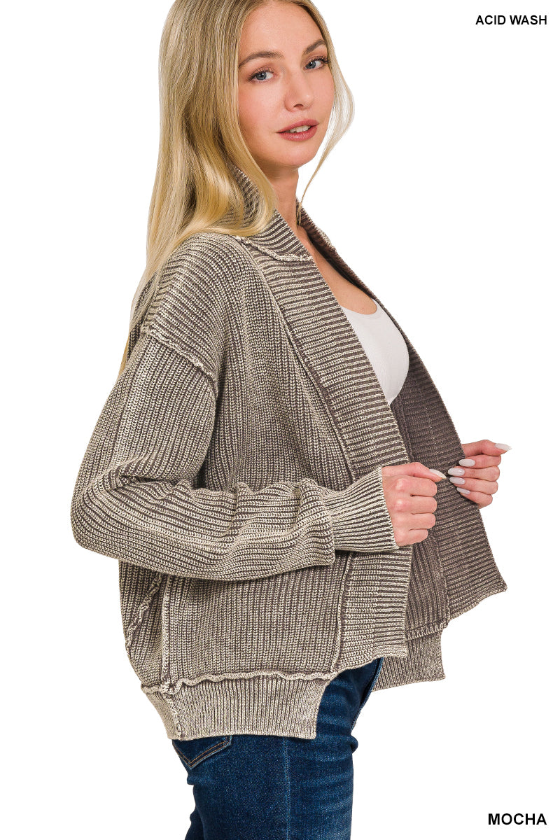 Washed Dropped Shoulder Cardigan with Side Pockets