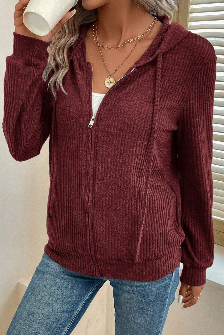 Ribbed Zip Up Front Drawstring Hoodie