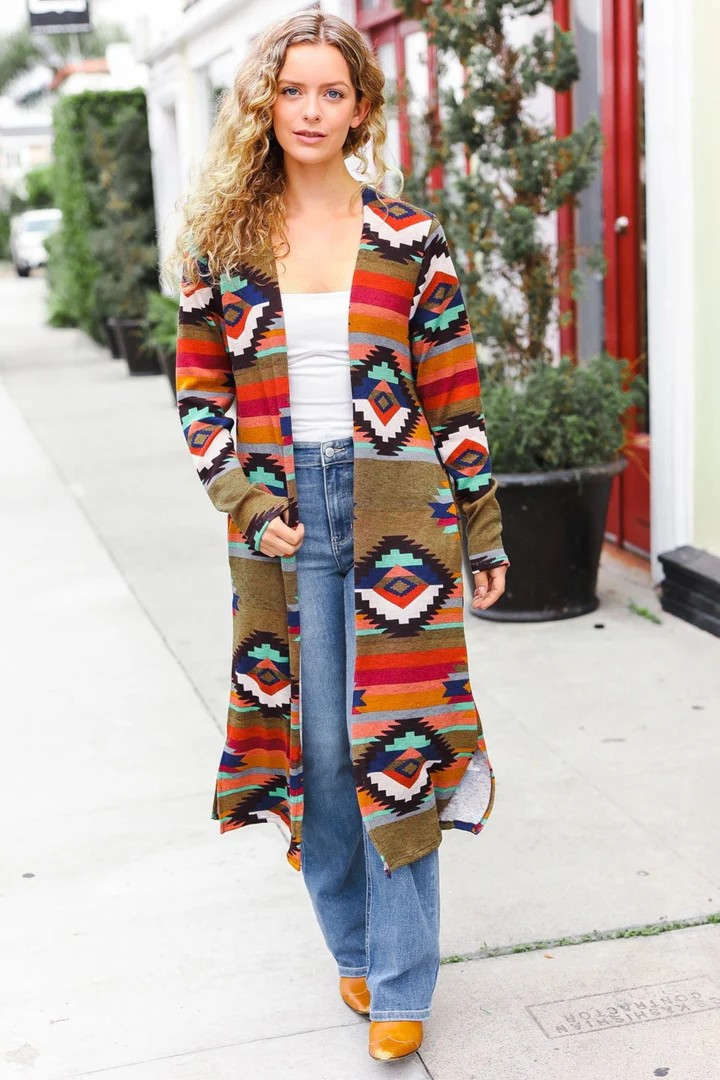 Olive Aztec Duster Cardigan